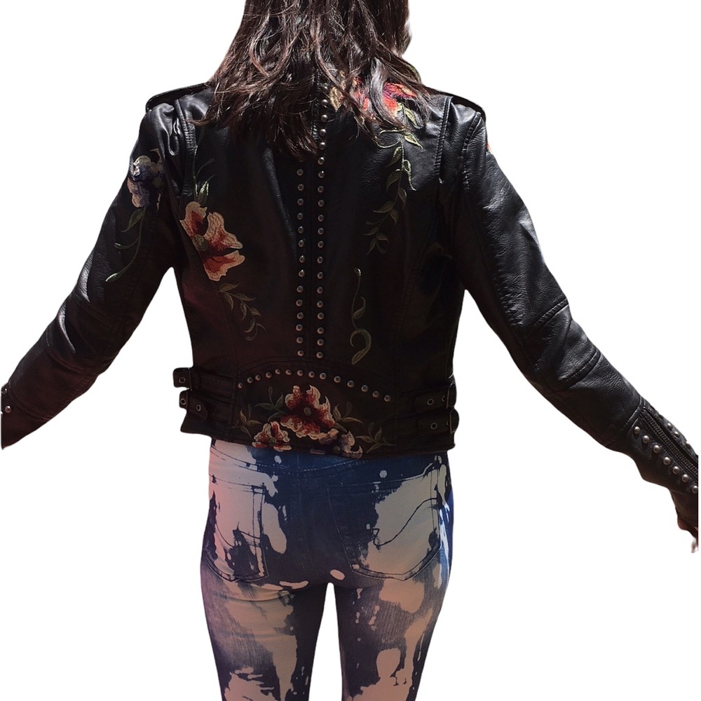 BLANK NYC MOTO BIKER LEATHER JACKET STUDDED, FLORAL EMBROIDERY QUALITY ZIPPER XS - Picture 2 of 7